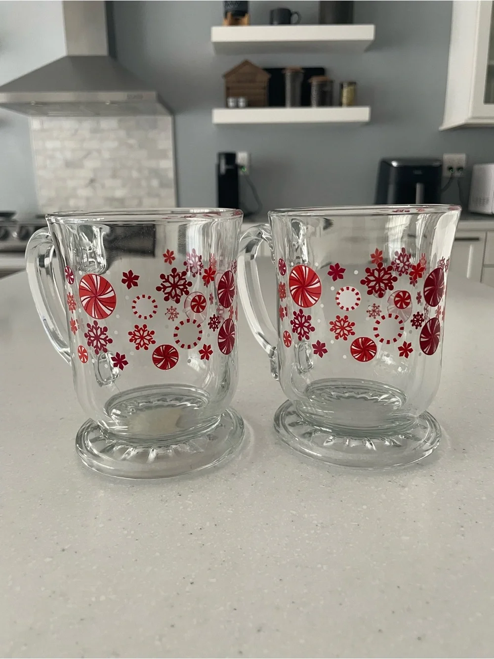Pier 1 Christmas Peppermint Snowflake Glass Mugs Set of 2 Holiday Footed Cups